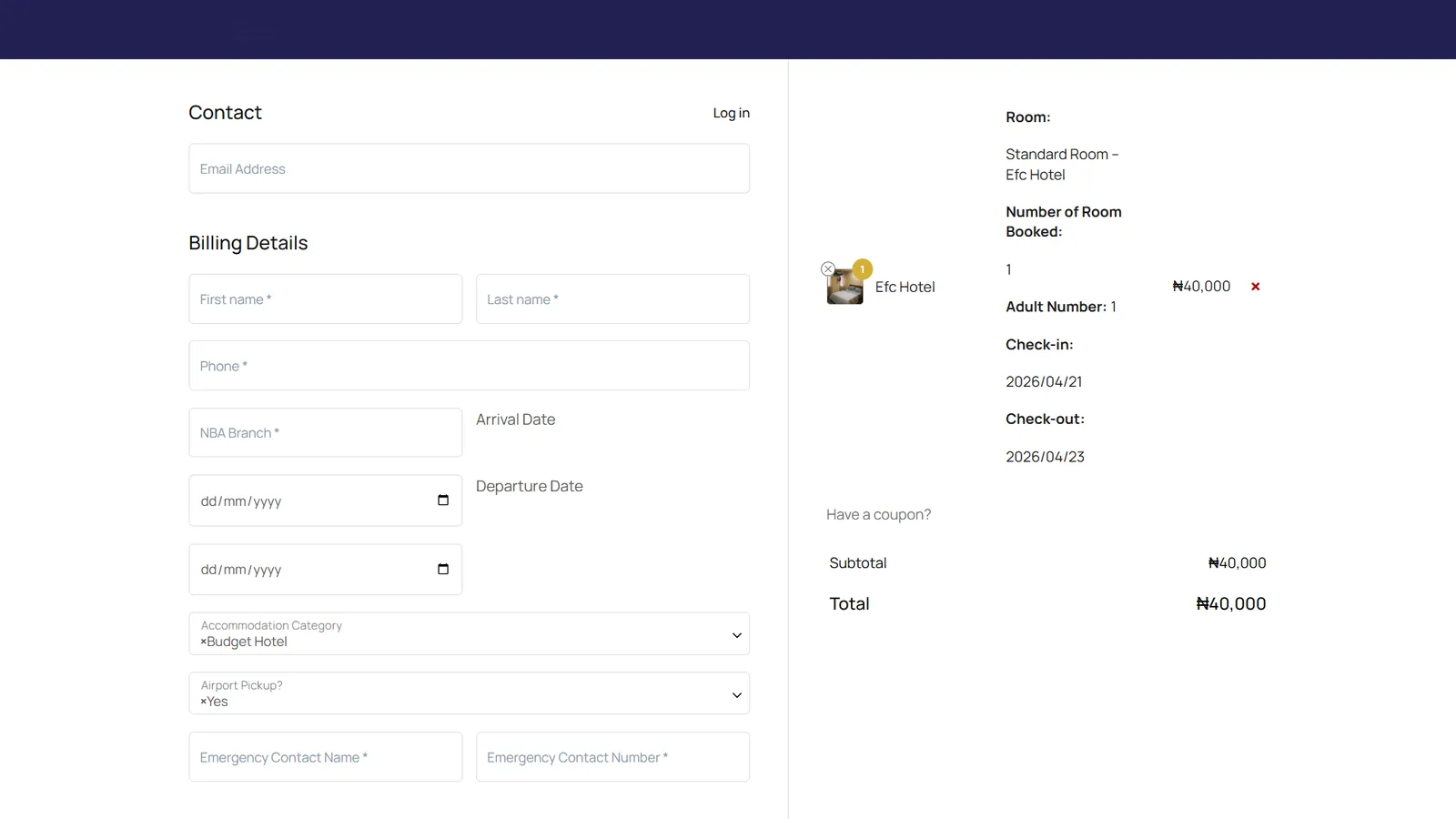 AGC Express checkout with delegate details, arrival and departure dates, airport pickup and Paystack payment