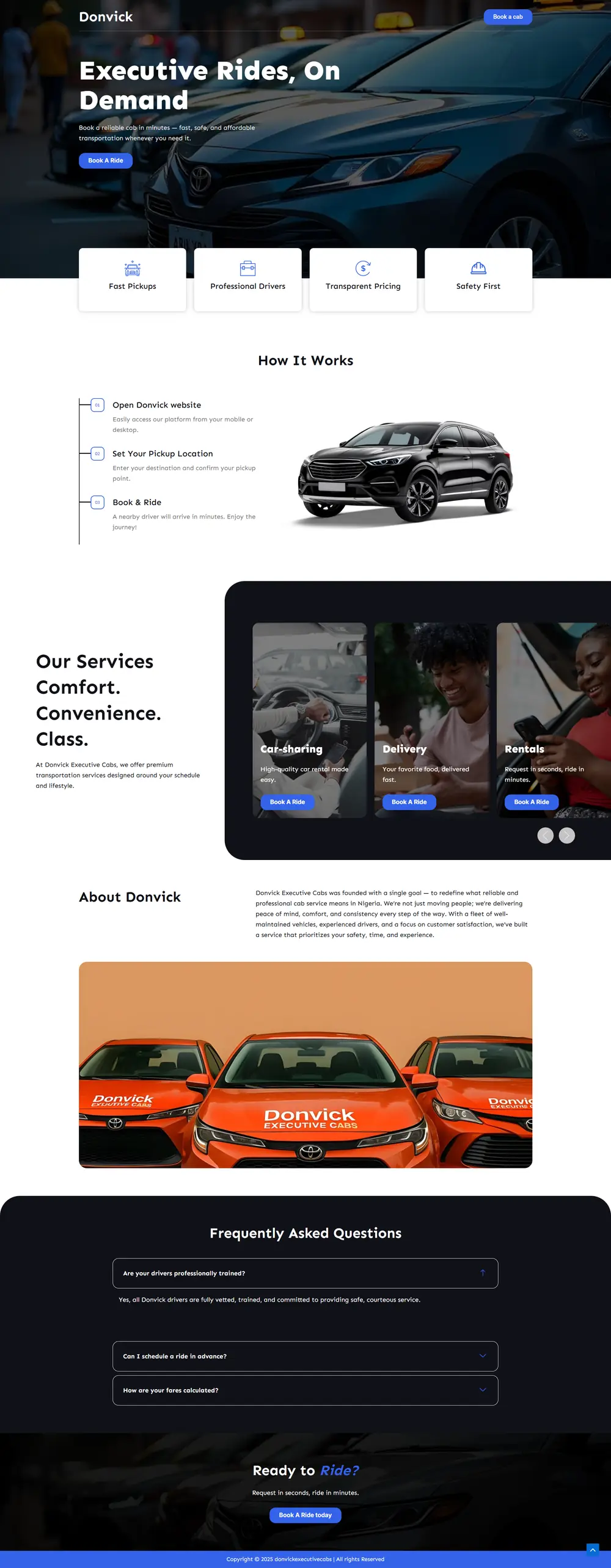 Donvick Executive Cabs website, ride booking